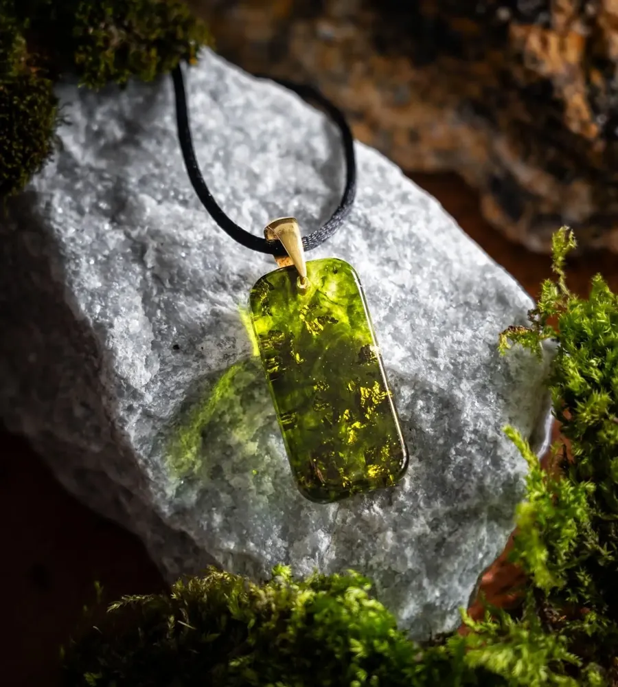 Jewelry - Resin & Gold-Tone Leaf Pendant – Rectangle – Golden Reflections - GLASS4CANDLES