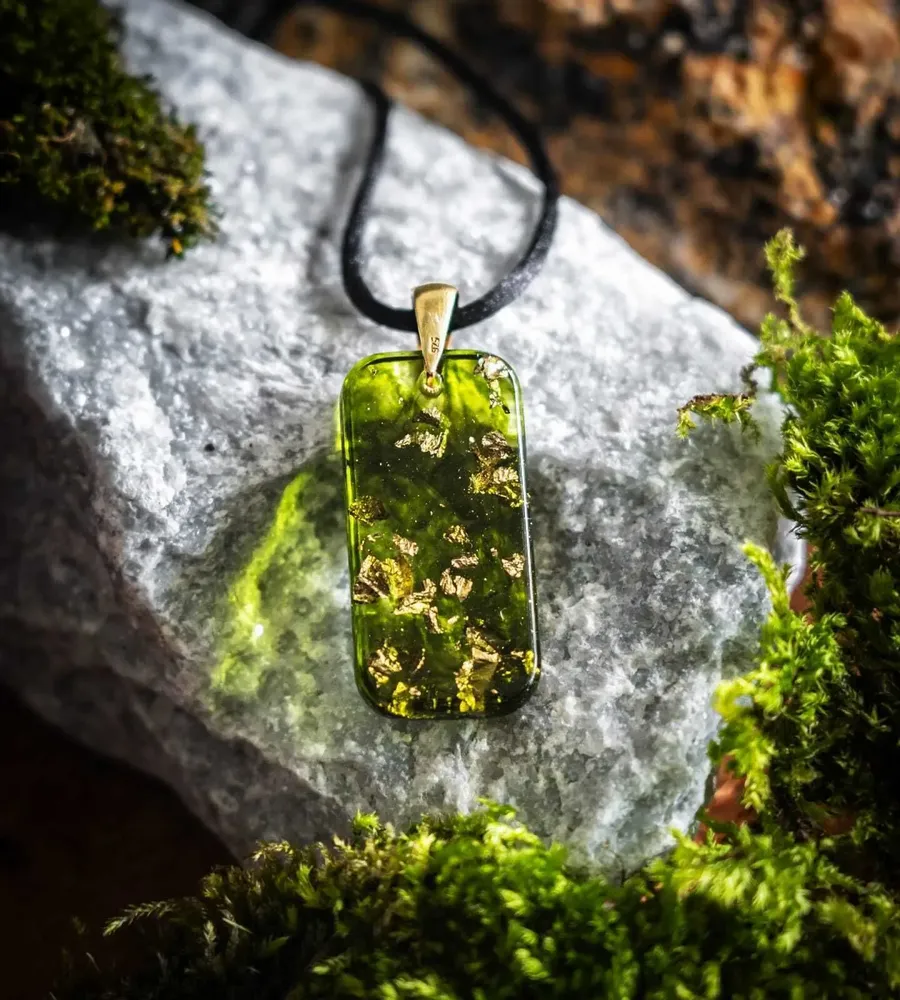 Jewelry - Resin & Gold-Tone Leaf Pendant – Rectangle – Golden Reflections - GLASS4CANDLES