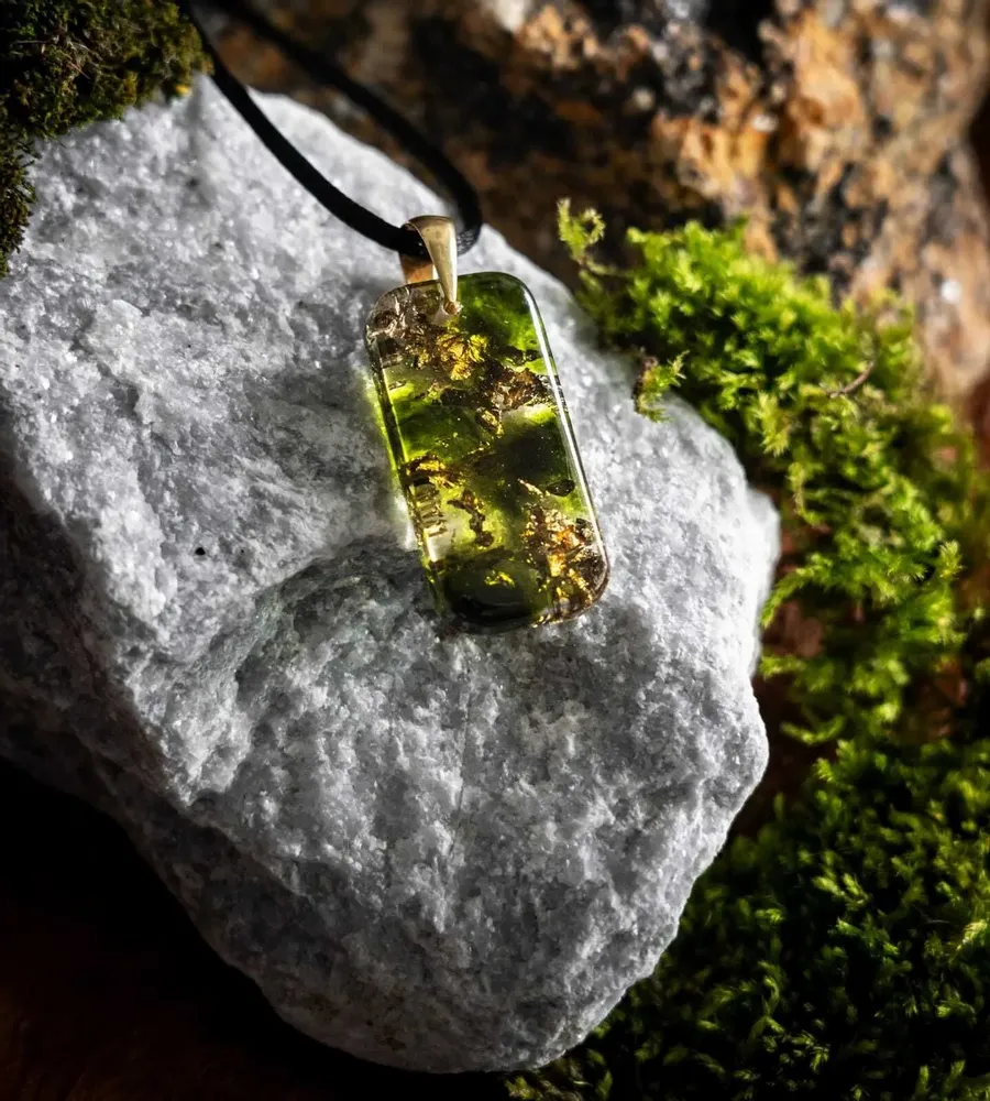 Jewelry - Resin & Gold-Tone Leaf Pendant – Rectangle – Golden Reflections - GLASS4CANDLES