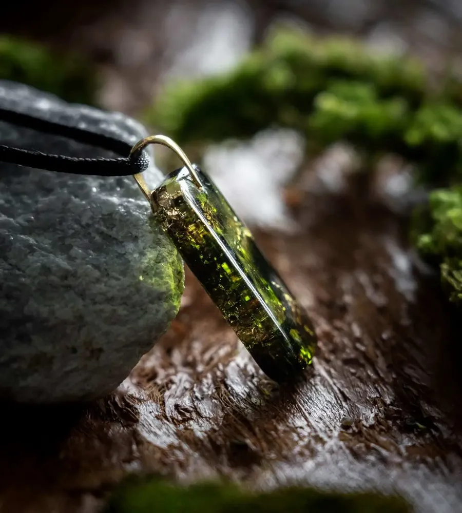 Jewelry - Resin & Gold-Tone Leaf Pendant – Rectangle – Golden Reflections - GLASS4CANDLES