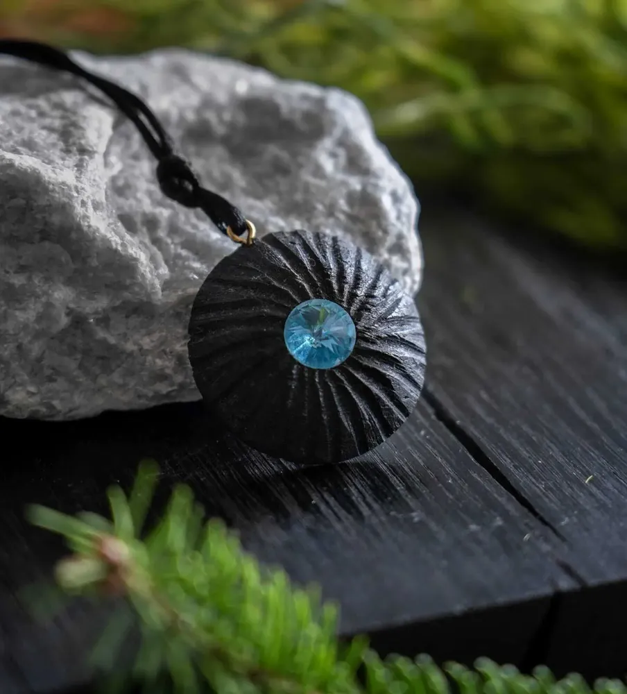 Jewelry - Bog Oak & Austrian Crystal Pendant – Round, 40x40x12 mm – Blue Halo - GLASS4CANDLES