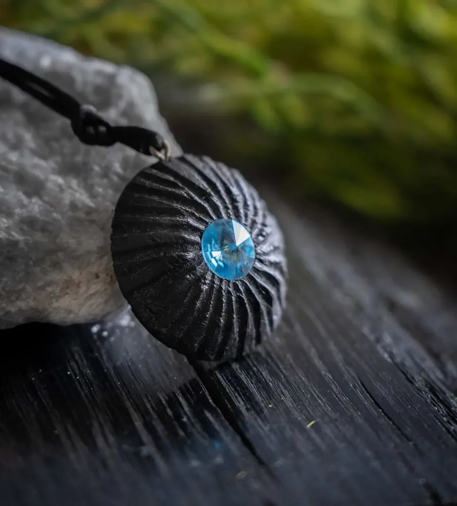 Jewelry - Bog Oak & Austrian Crystal Pendant – Round, 40x40x12 mm – Blue Halo - GLASS4CANDLES