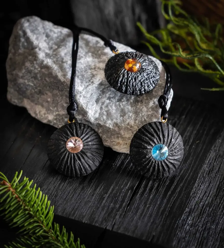 Jewelry - Bog Oak & Austrian Crystal Pendant – Round, 40x40x12 mm – Blue Halo - GLASS4CANDLES