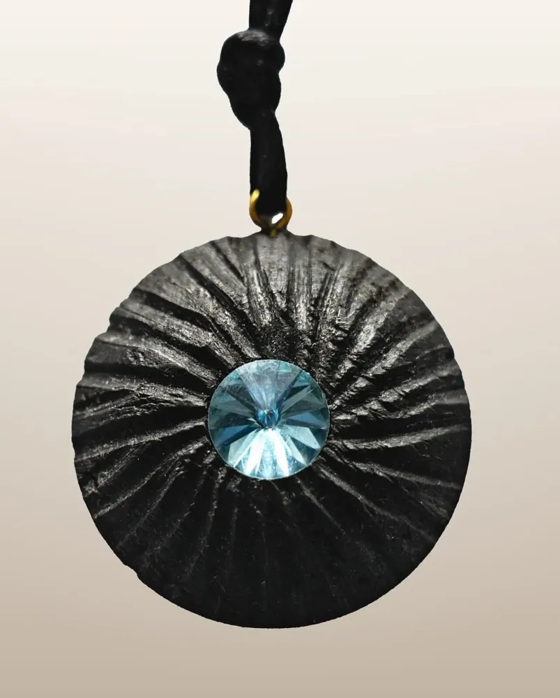 Jewelry - Bog Oak & Austrian Crystal Pendant – Round, 40x40x12 mm – Blue Halo - GLASS4CANDLES
