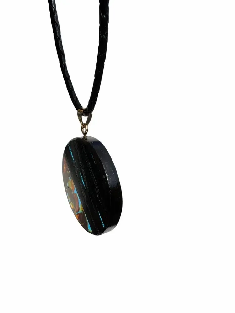 Jewelry - Bog Oak & Amber Pendant – Round, 40x40x6 mm – Turquoise Halo Disc - GLASS4CANDLES