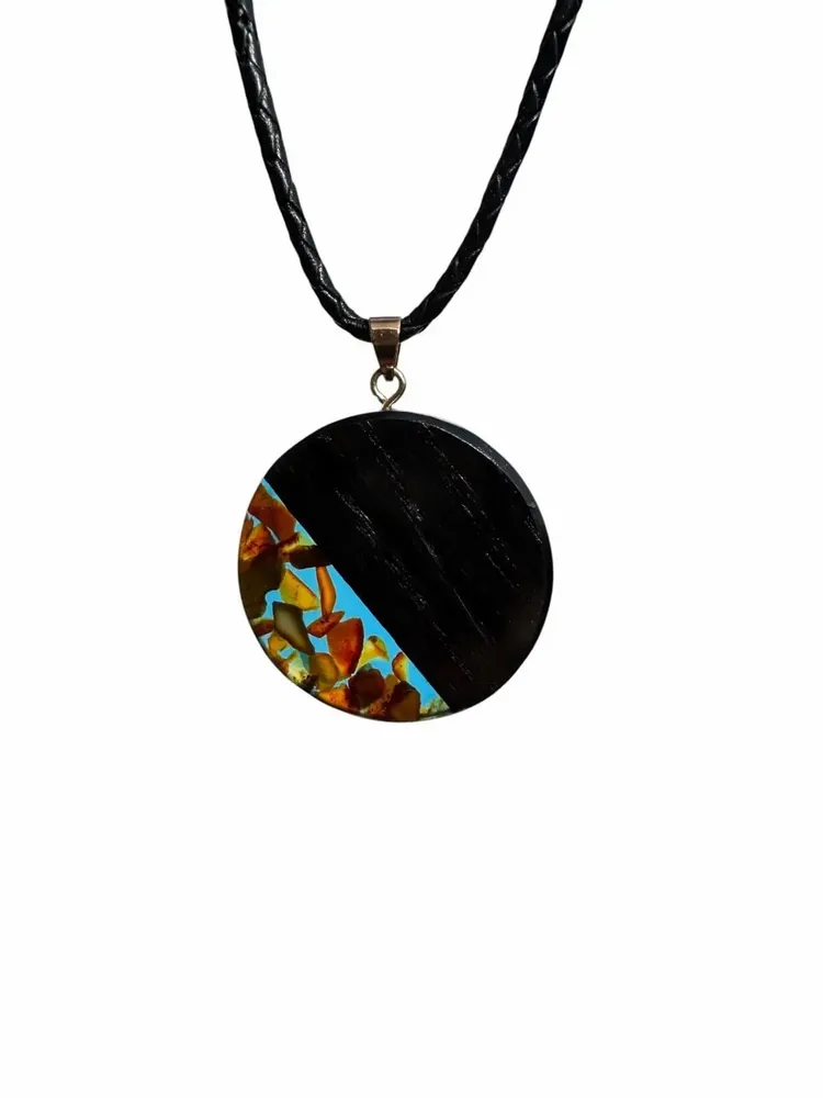 Jewelry - Bog Oak & Amber Pendant – Round, 40x40x6 mm – Turquoise Halo Disc - GLASS4CANDLES