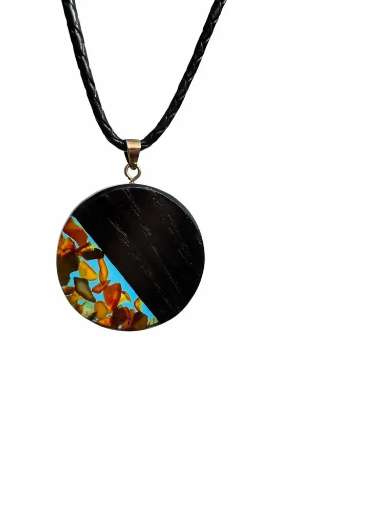 Jewelry - Bog Oak & Amber Pendant – Round, 40x40x6 mm – Turquoise Halo Disc - GLASS4CANDLES