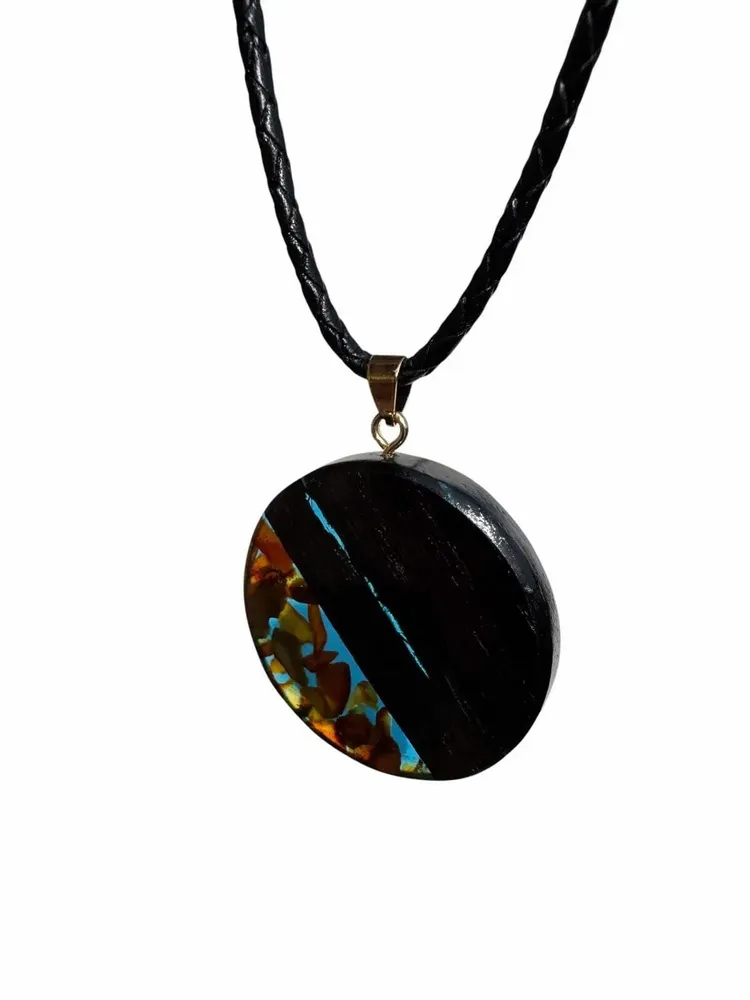 Jewelry - Bog Oak & Amber Pendant – Round, 40x40x6 mm – Turquoise Halo Disc - GLASS4CANDLES