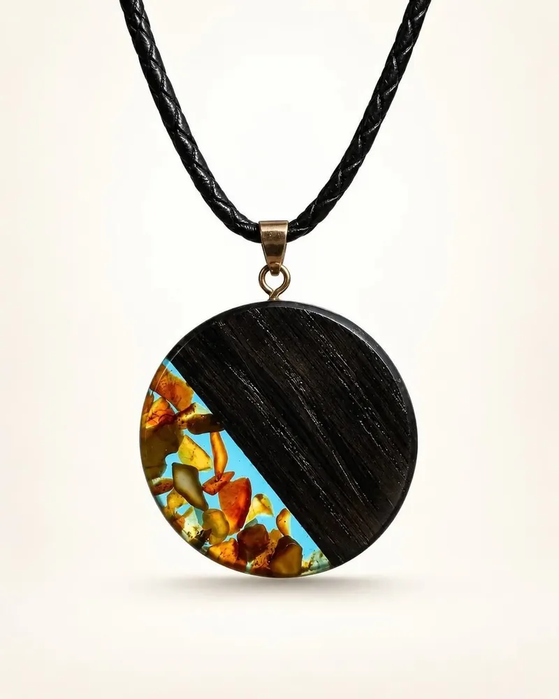 Jewelry - Bog Oak & Amber Pendant – Round, 40x40x6 mm – Turquoise Halo Disc - GLASS4CANDLES