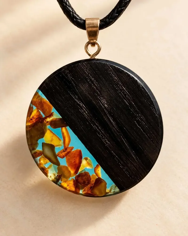 Jewelry - Bog Oak & Amber Pendant – Round, 40x40x6 mm – Turquoise Halo Disc - GLASS4CANDLES
