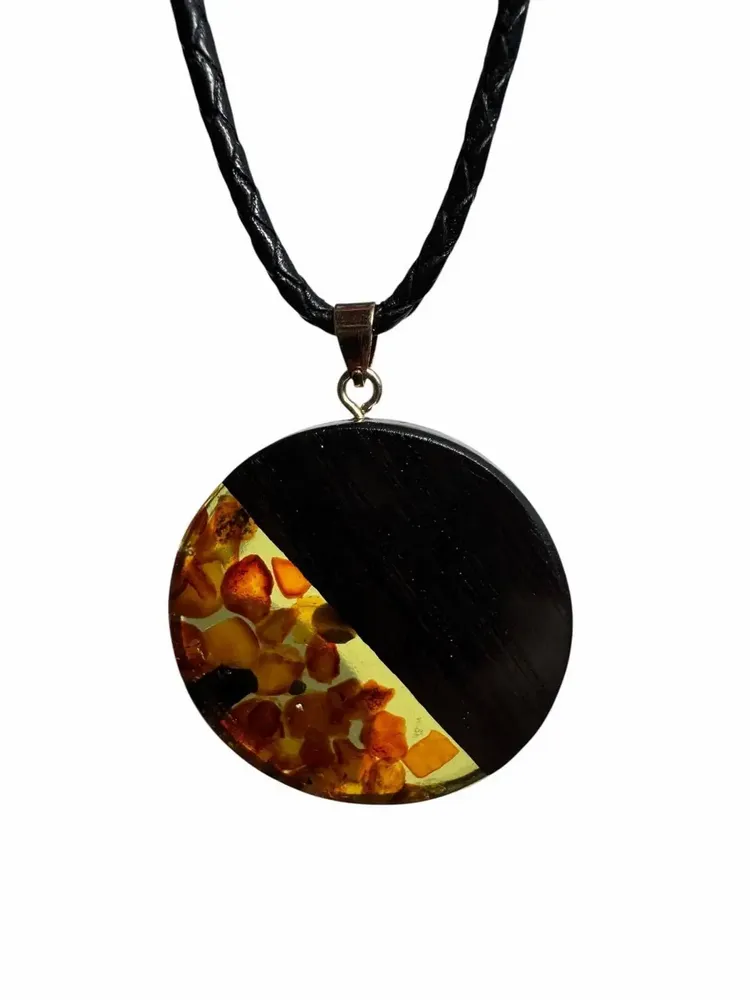 Jewelry - Bog Oak & Baltic Amber Pendant – Round, 40x40x6 mm – Olive Halo Disc - GLASS4CANDLES