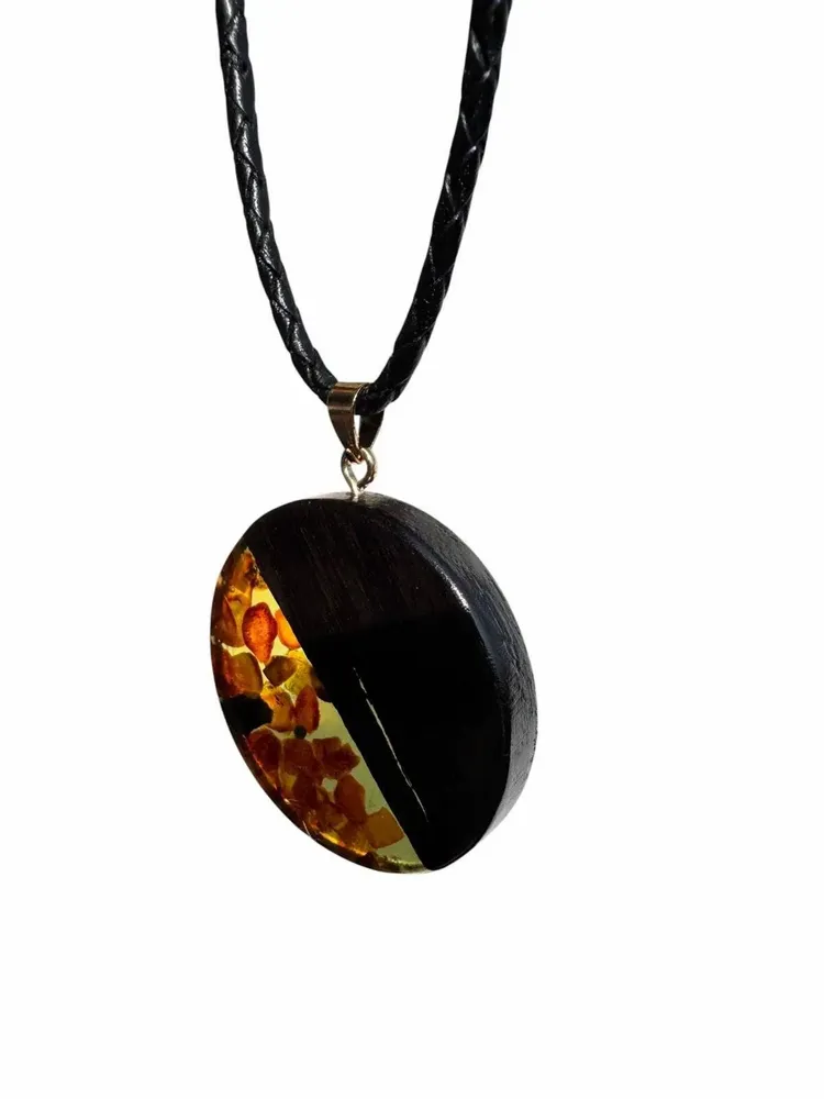Jewelry - Bog Oak & Baltic Amber Pendant – Round, 40x40x6 mm – Olive Halo Disc - GLASS4CANDLES