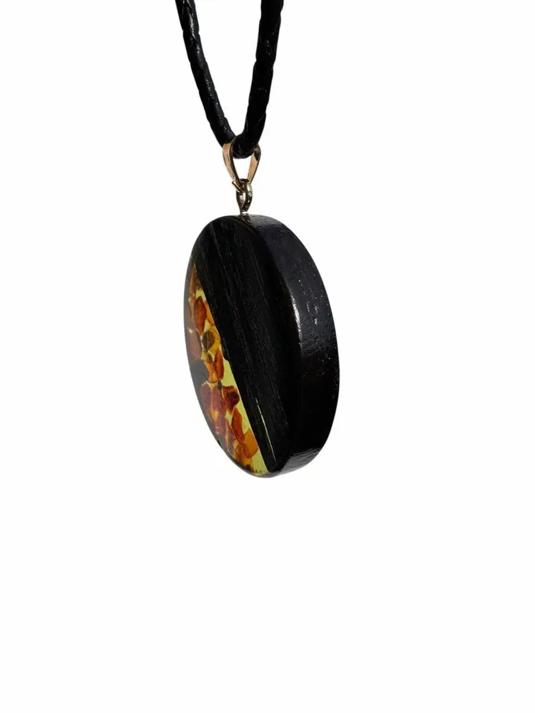 Jewelry - Bog Oak & Baltic Amber Pendant – Round, 40x40x6 mm – Olive Halo Disc - GLASS4CANDLES