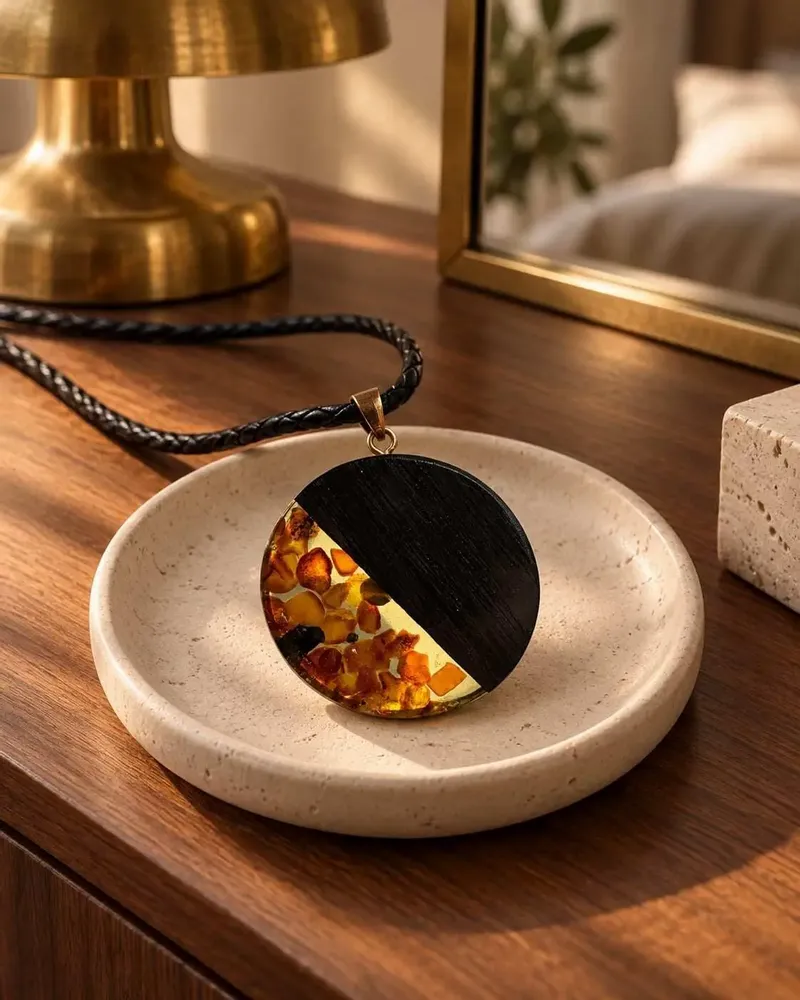 Jewelry - Bog Oak & Baltic Amber Pendant – Round, 40x40x6 mm – Olive Halo Disc - GLASS4CANDLES