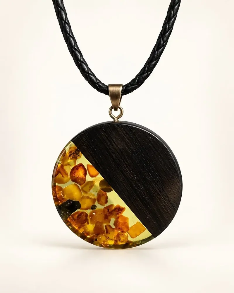 Jewelry - Bog Oak & Baltic Amber Pendant – Round, 40x40x6 mm – Olive Halo Disc - GLASS4CANDLES