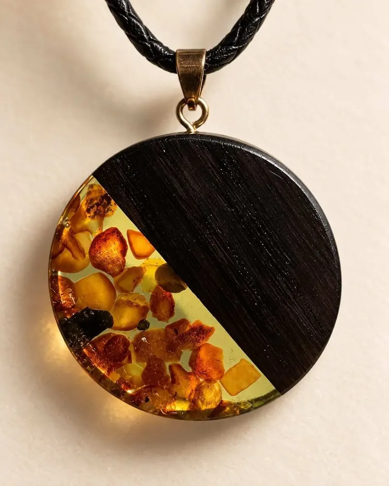 Jewelry - Bog Oak & Baltic Amber Pendant – Round, 40x40x6 mm – Olive Halo Disc - GLASS4CANDLES