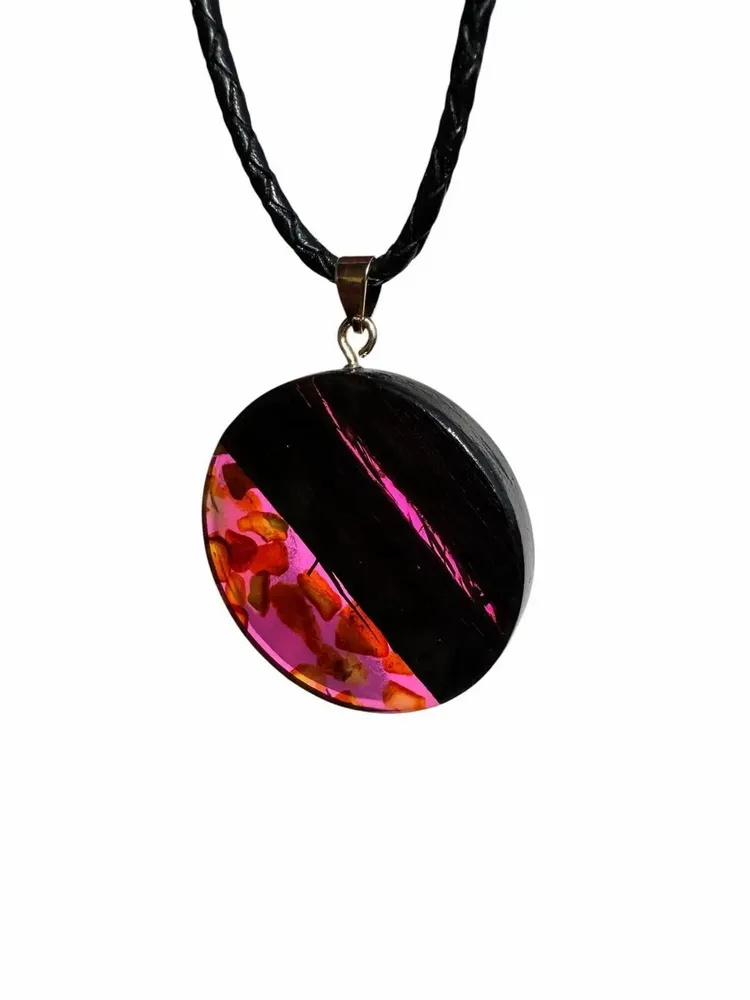 Jewelry - Bog Oak & Baltic Amber Pendant – Round, 40x40x6 mm – Fuchsia Halo Disc - GLASS4CANDLES