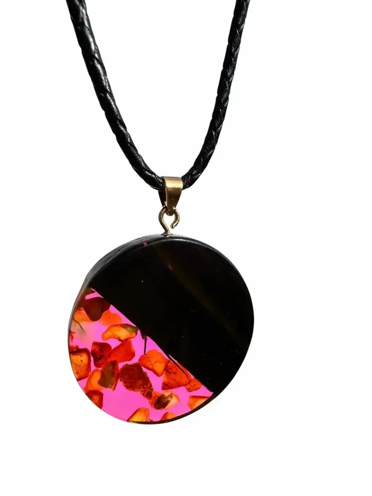 Jewelry - Bog Oak & Baltic Amber Pendant – Round, 40x40x6 mm – Fuchsia Halo Disc - GLASS4CANDLES