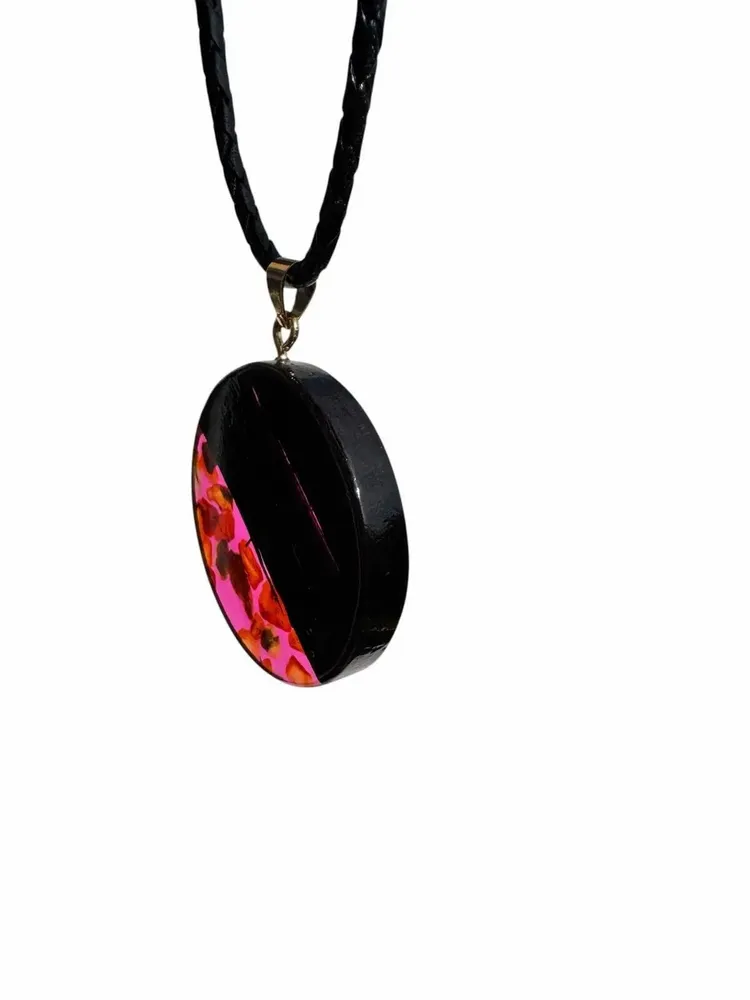 Jewelry - Bog Oak & Baltic Amber Pendant – Round, 40x40x6 mm – Fuchsia Halo Disc - GLASS4CANDLES