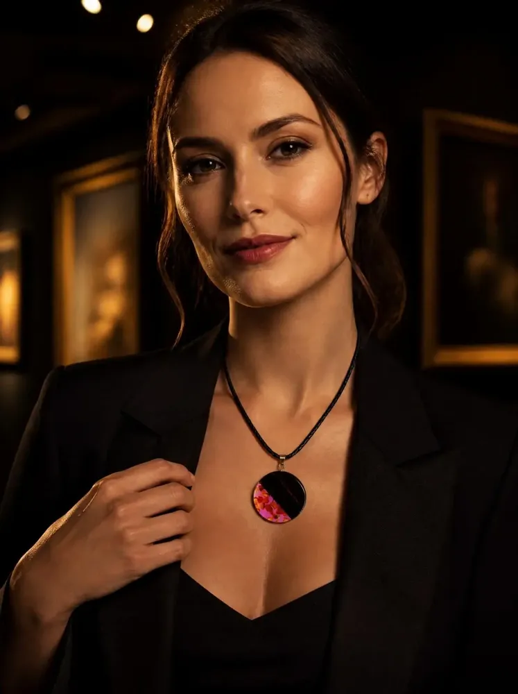 Jewelry - Bog Oak & Baltic Amber Pendant – Round, 40x40x6 mm – Fuchsia Halo Disc - GLASS4CANDLES
