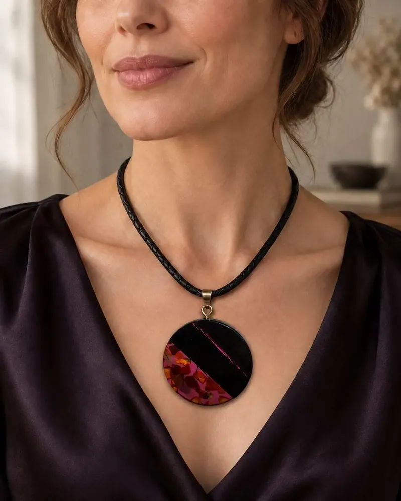 Jewelry - Bog Oak & Baltic Amber Pendant – Round, 40x40x6 mm – Fuchsia Halo Disc - GLASS4CANDLES