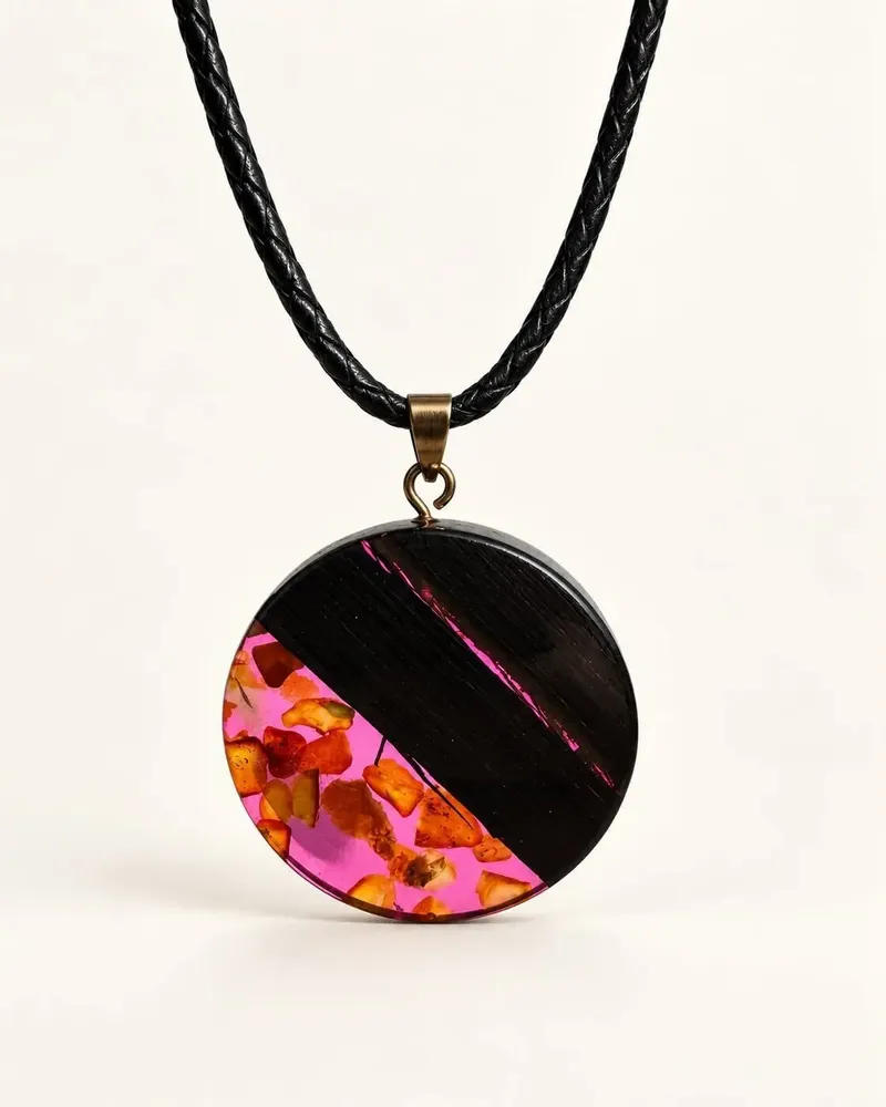 Jewelry - Bog Oak & Baltic Amber Pendant – Round, 40x40x6 mm – Fuchsia Halo Disc - GLASS4CANDLES
