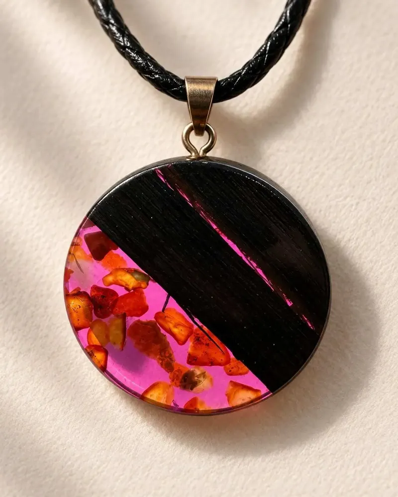 Jewelry - Bog Oak & Baltic Amber Pendant – Round, 40x40x6 mm – Fuchsia Halo Disc - GLASS4CANDLES