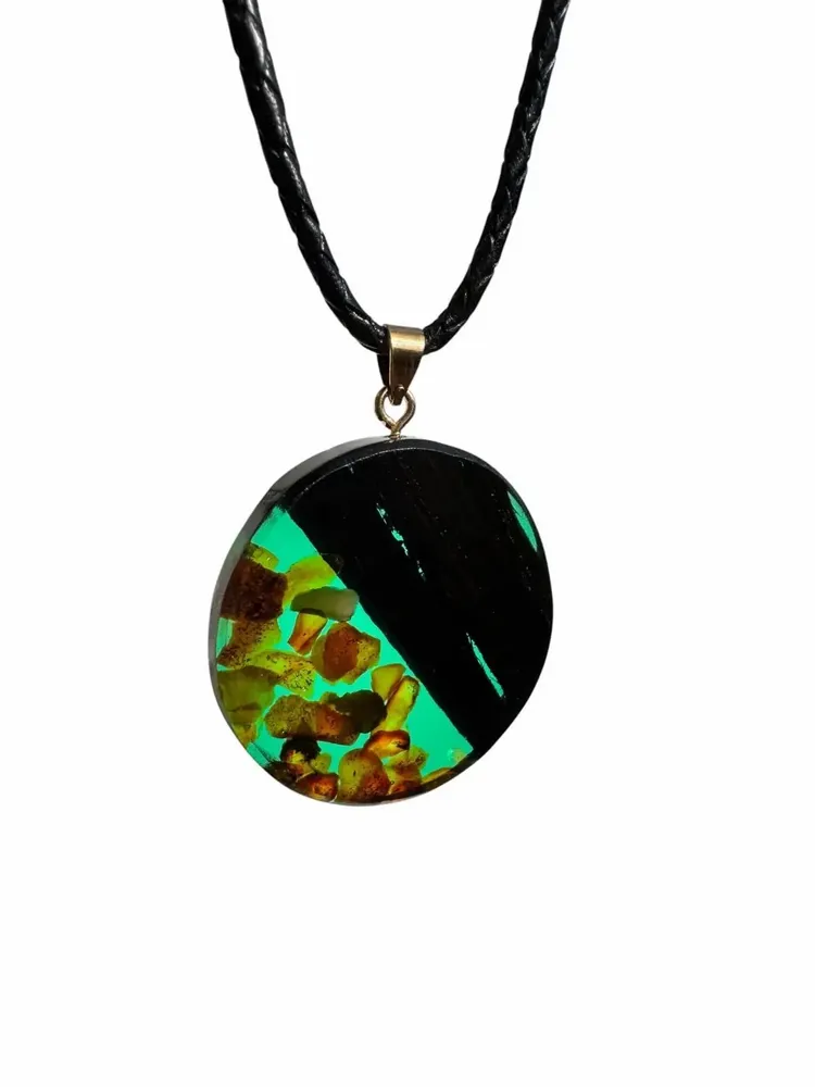 Jewelry - Bog Oak & Amber Pendant – Round, 40x40x6 mm – Sapphire Halo Disc - GLASS4CANDLES