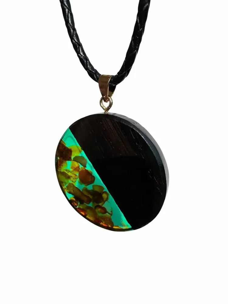Jewelry - Bog Oak & Amber Pendant – Round, 40x40x6 mm – Sapphire Halo Disc - GLASS4CANDLES