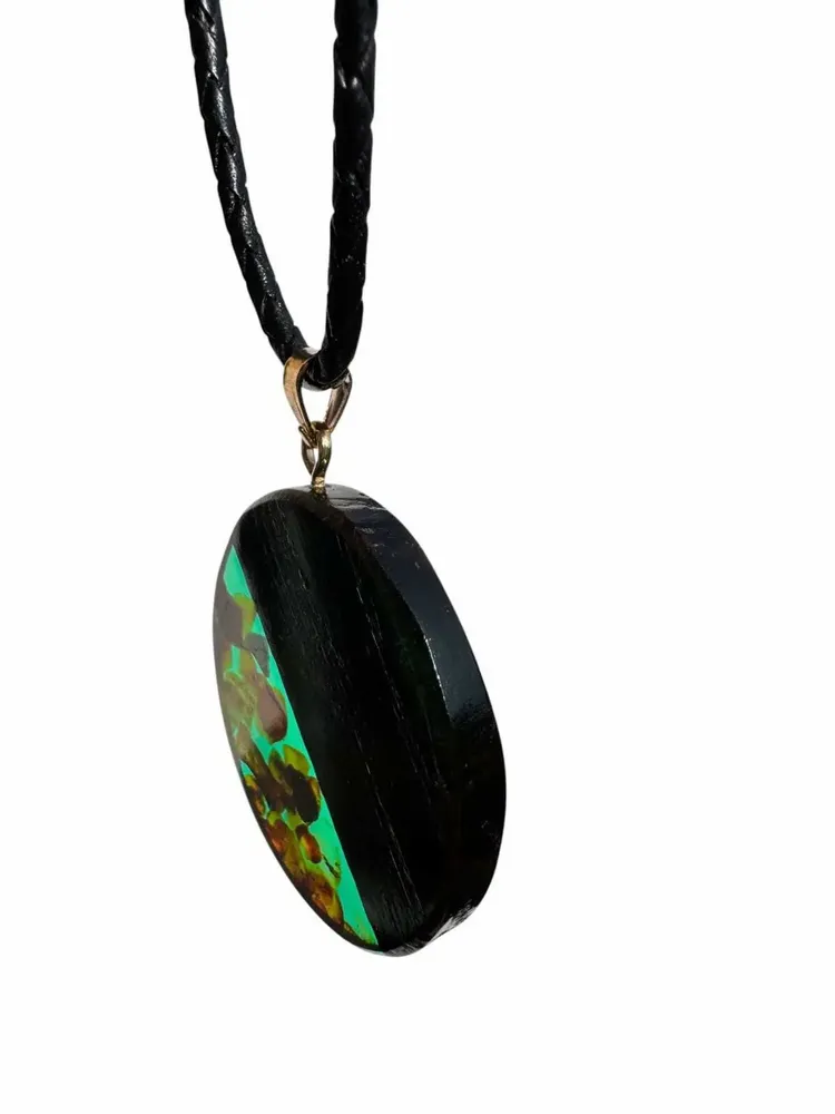 Jewelry - Bog Oak & Amber Pendant – Round, 40x40x6 mm – Sapphire Halo Disc - GLASS4CANDLES
