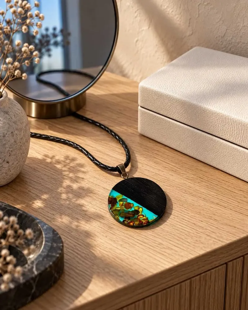 Jewelry - Bog Oak & Amber Pendant – Round, 40x40x6 mm – Sapphire Halo Disc - GLASS4CANDLES