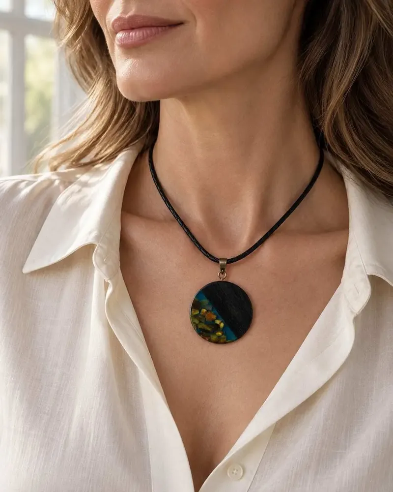 Jewelry - Bog Oak & Amber Pendant – Round, 40x40x6 mm – Sapphire Halo Disc - GLASS4CANDLES
