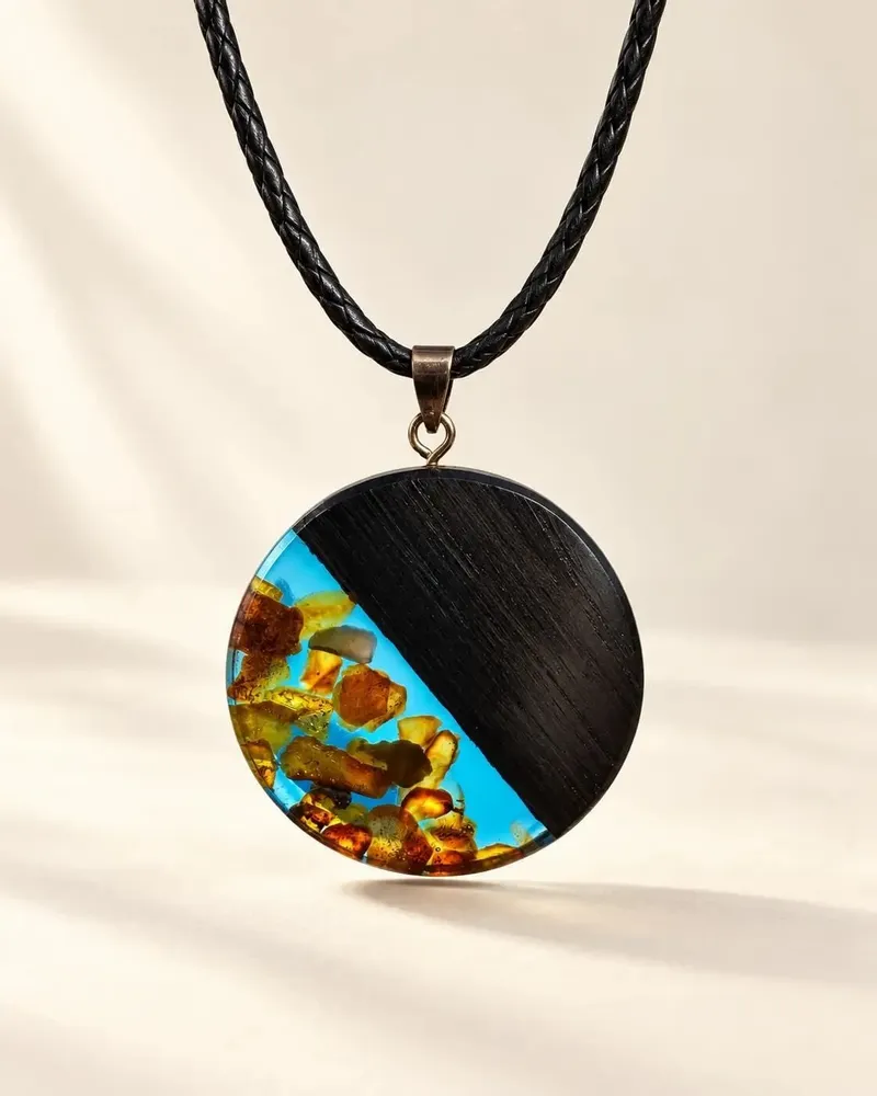 Jewelry - Bog Oak & Amber Pendant – Round, 40x40x6 mm – Sapphire Halo Disc - GLASS4CANDLES