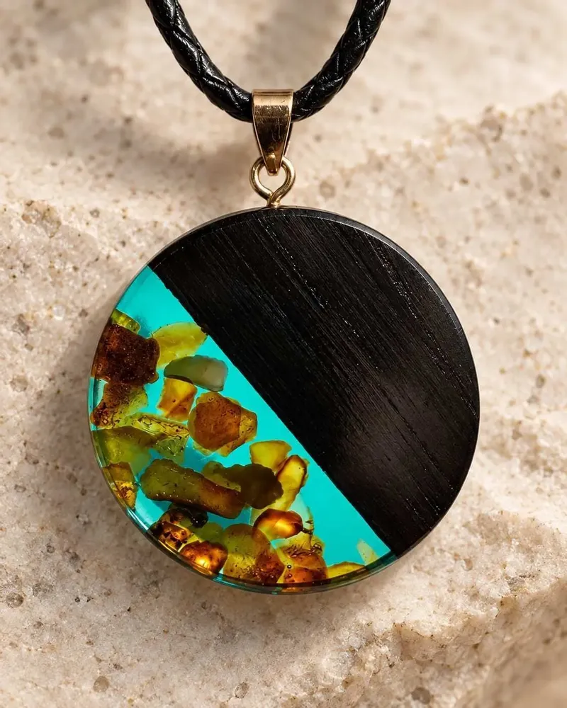 Jewelry - Bog Oak & Amber Pendant – Round, 40x40x6 mm – Sapphire Halo Disc - GLASS4CANDLES