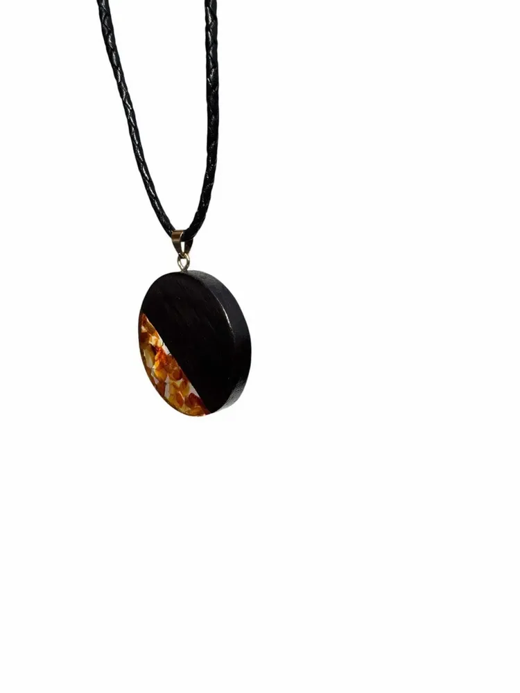 Jewelry - Bog Oak & Baltic Amber Pendant – Round, 40x40x6 mm – Clear Halo Disc - GLASS4CANDLES