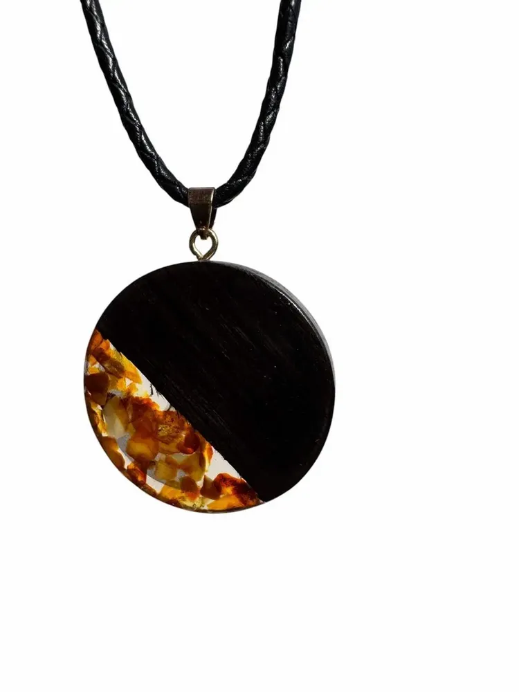 Jewelry - Bog Oak & Baltic Amber Pendant – Round, 40x40x6 mm – Clear Halo Disc - GLASS4CANDLES