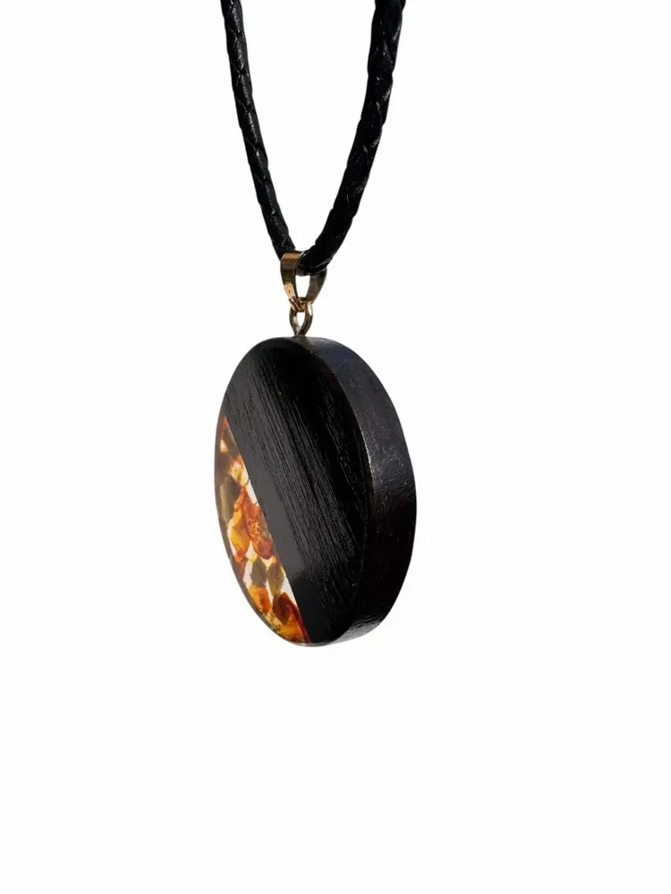 Jewelry - Bog Oak & Baltic Amber Pendant – Round, 40x40x6 mm – Clear Halo Disc - GLASS4CANDLES