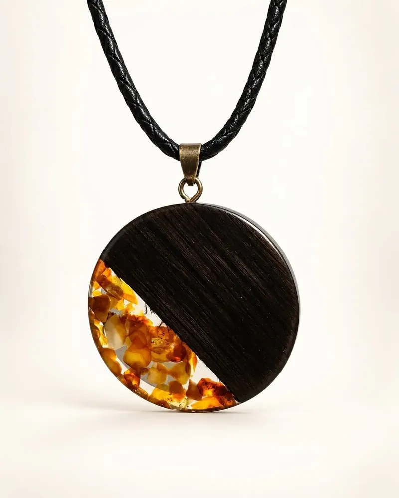 Jewelry - Bog Oak & Baltic Amber Pendant – Round, 40x40x6 mm – Clear Halo Disc - GLASS4CANDLES