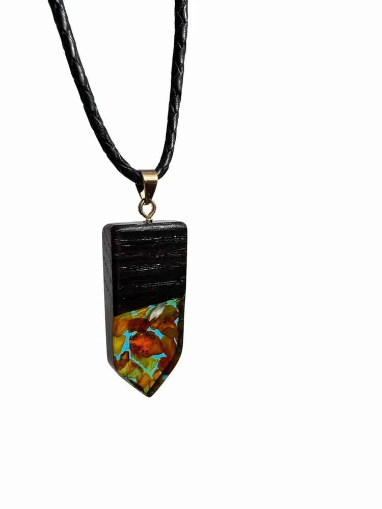 Jewelry - Bog Oak & Amber Pendant – Rectangle, 45x20x6 mm – turquoise resin - GLASS4CANDLES