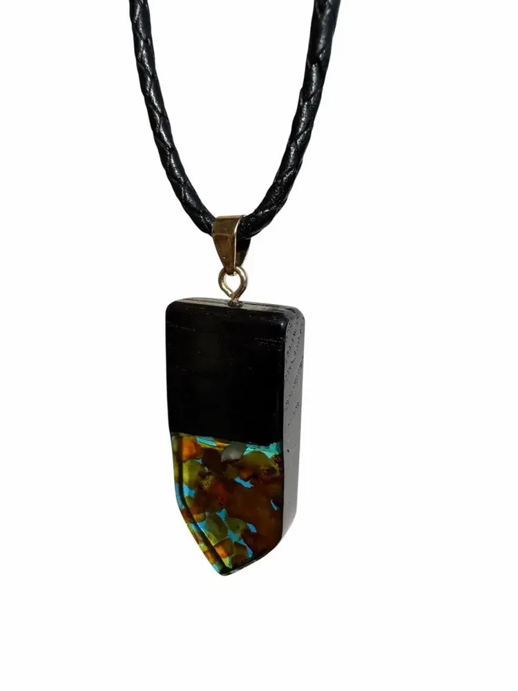 Jewelry - Bog Oak & Amber Pendant – Rectangle, 45x20x6 mm – turquoise resin - GLASS4CANDLES