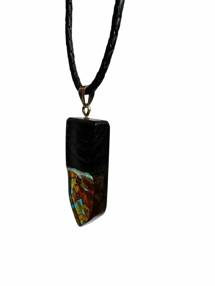 Jewelry - Bog Oak & Amber Pendant – Rectangle, 45x20x6 mm – turquoise resin - GLASS4CANDLES
