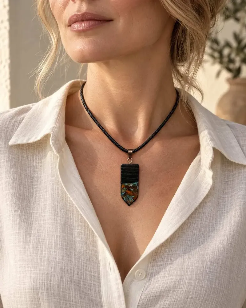 Jewelry - Bog Oak & Amber Pendant – Rectangle, 45x20x6 mm – turquoise resin - GLASS4CANDLES