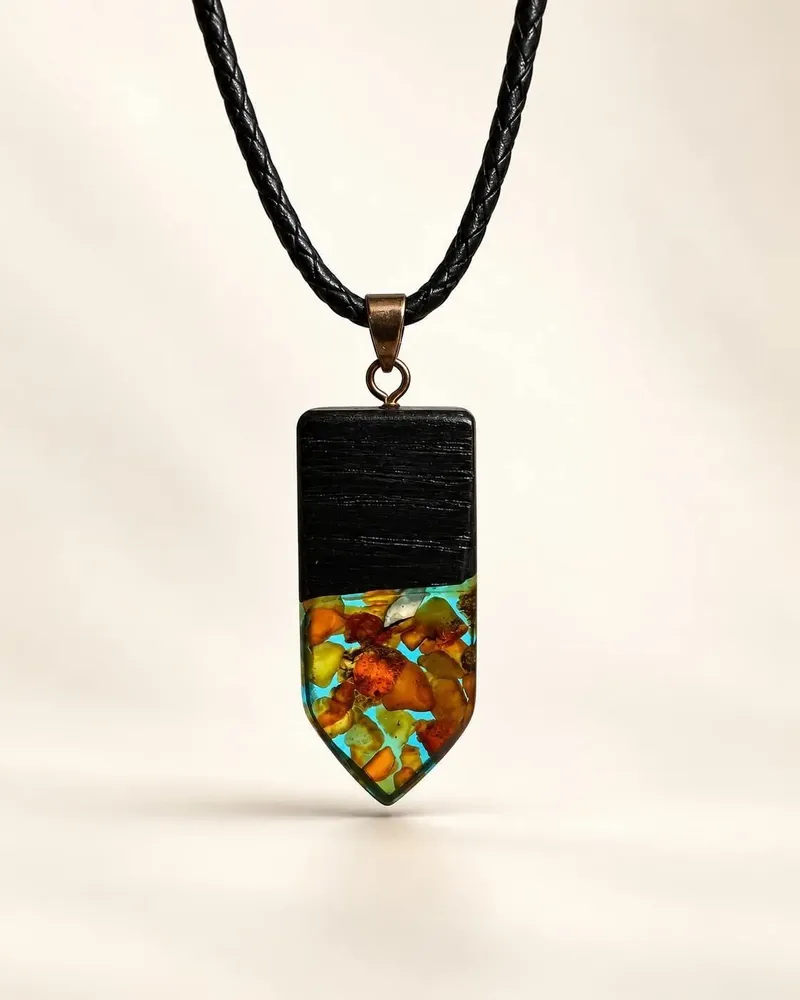 Jewelry - Bog Oak & Amber Pendant – Rectangle, 45x20x6 mm – turquoise resin - GLASS4CANDLES