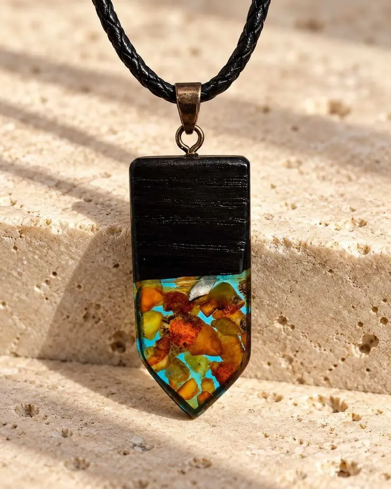 Jewelry - Bog Oak & Amber Pendant – Rectangle, 45x20x6 mm – turquoise resin - GLASS4CANDLES