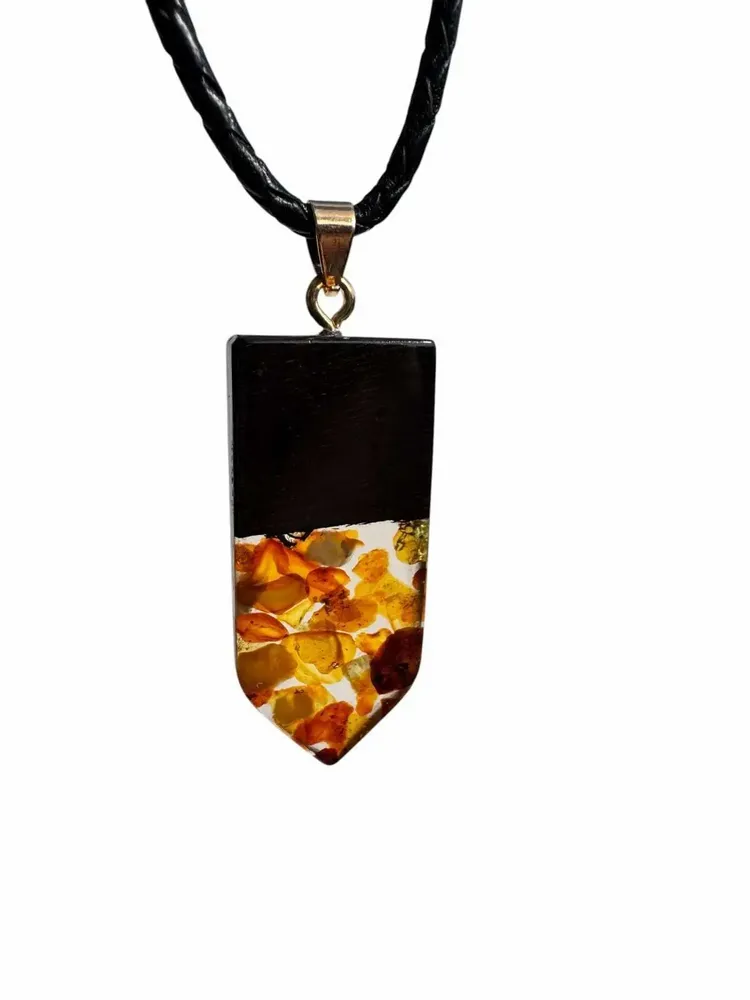 Jewelry - Bog Oak & Baltic Amber Pendant – Rectangle, 45x20x6 mm – clear resin - GLASS4CANDLES