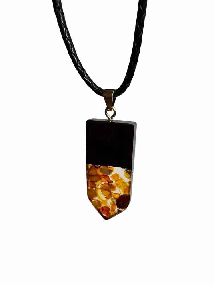 Jewelry - Bog Oak & Baltic Amber Pendant – Rectangle, 45x20x6 mm – clear resin - GLASS4CANDLES