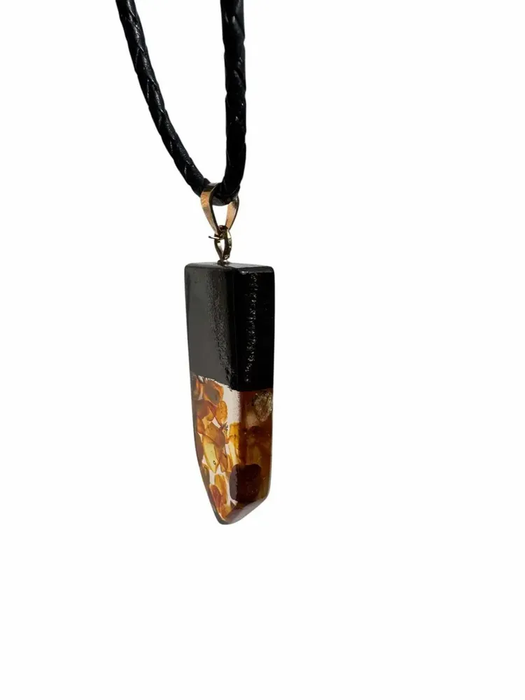 Jewelry - Bog Oak & Baltic Amber Pendant – Rectangle, 45x20x6 mm – clear resin - GLASS4CANDLES