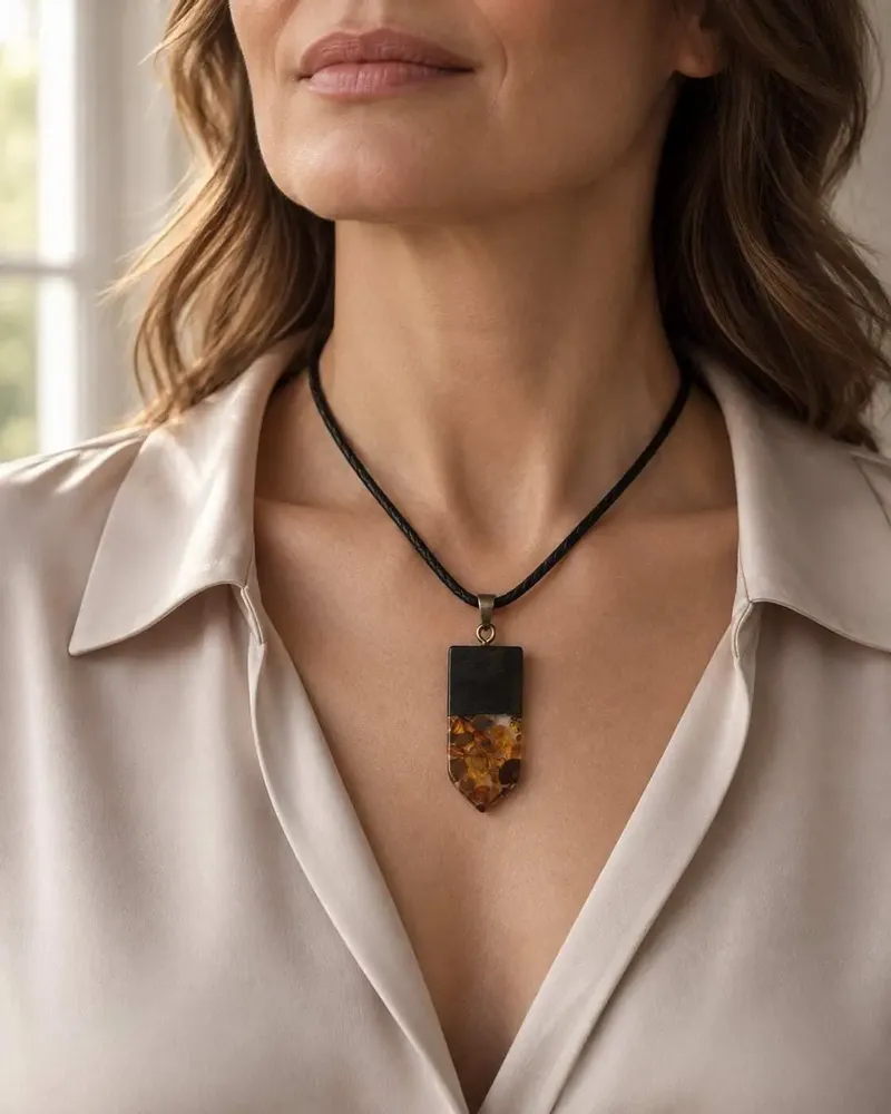 Jewelry - Bog Oak & Baltic Amber Pendant – Rectangle, 45x20x6 mm – clear resin - GLASS4CANDLES