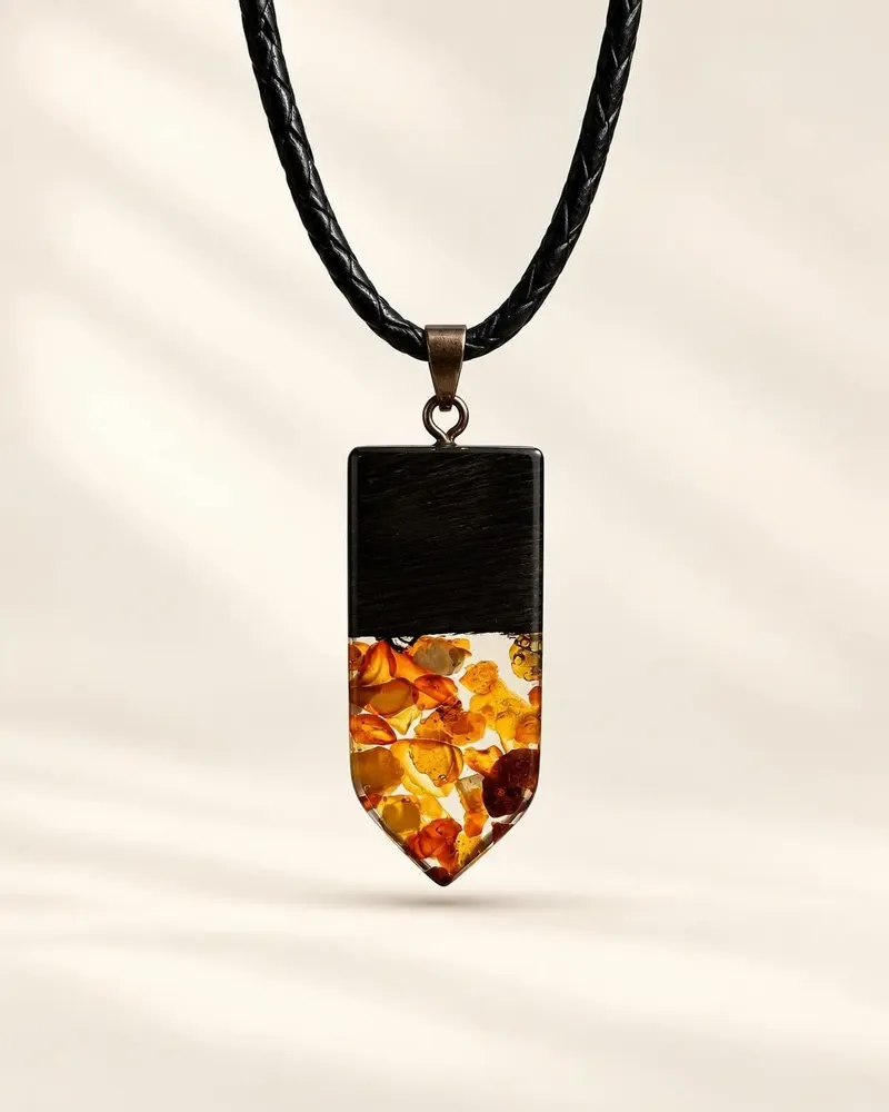 Jewelry - Bog Oak & Baltic Amber Pendant – Rectangle, 45x20x6 mm – clear resin - GLASS4CANDLES
