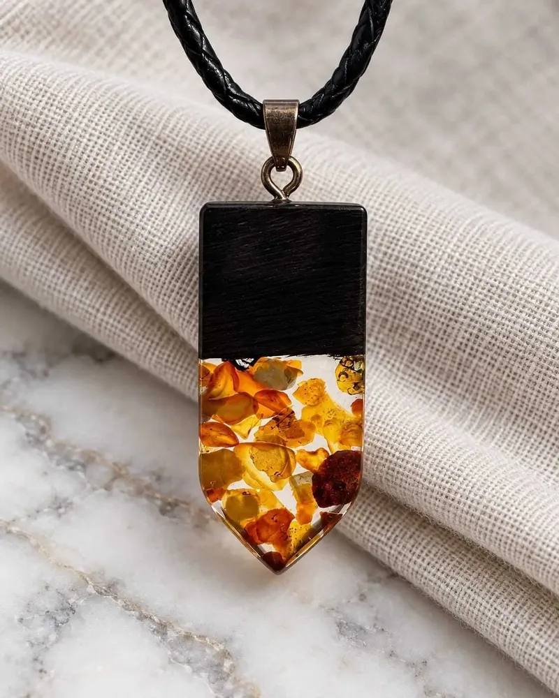 Jewelry - Bog Oak & Baltic Amber Pendant – Rectangle, 45x20x6 mm – clear resin - GLASS4CANDLES